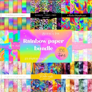 K&ouml;nnte beinhalten: Ein digitales Papierpaket mit 350 Designs im Regenbogen-Stil. Das Paket enth&auml;lt 25 Papierpakete mit verschiedenen Regenbogenmustern, darunter Farbverl&auml;ufe, Hologramme, Tierdrucke, Aquarelle und goldene Sterne. Der Text "Rainbow paper bundle 350 items" wird in der Mitte des Bildes angezeigt.