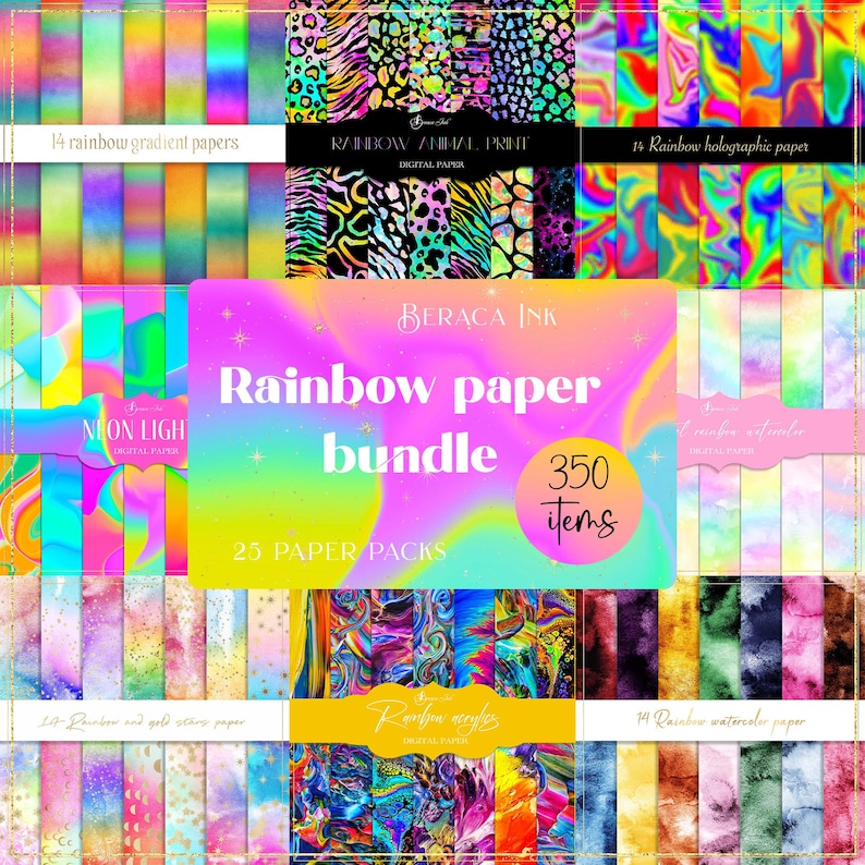 K&ouml;nnte beinhalten: Ein digitales Papierpaket mit 350 Designs im Regenbogen-Stil. Das Paket enth&auml;lt 25 Papierpakete mit verschiedenen Regenbogenmustern, darunter Farbverl&auml;ufe, Hologramme, Tierdrucke, Aquarelle und goldene Sterne. Der Text "Rainbow paper bundle 350 items" wird in der Mitte des Bildes angezeigt.