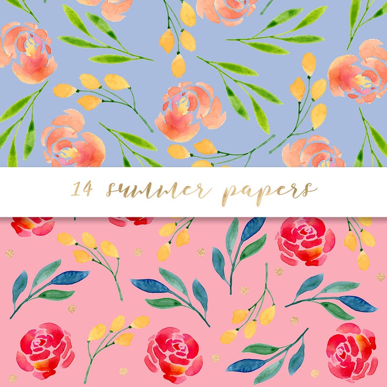 May include: Two watercolor floral patterns, one with peach flowers and green leaves on a light blue background, and the other with red flowers and green leaves on a pink background. The text "14 summer papers" is in gold lettering on a white banner.