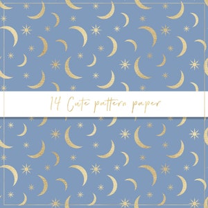 Papier numérique à motif mignon, papier sans couture, coeurs dorés, fond pastel, lune et étoiles dorées, papillons, coeurs métalliques, pois image 7