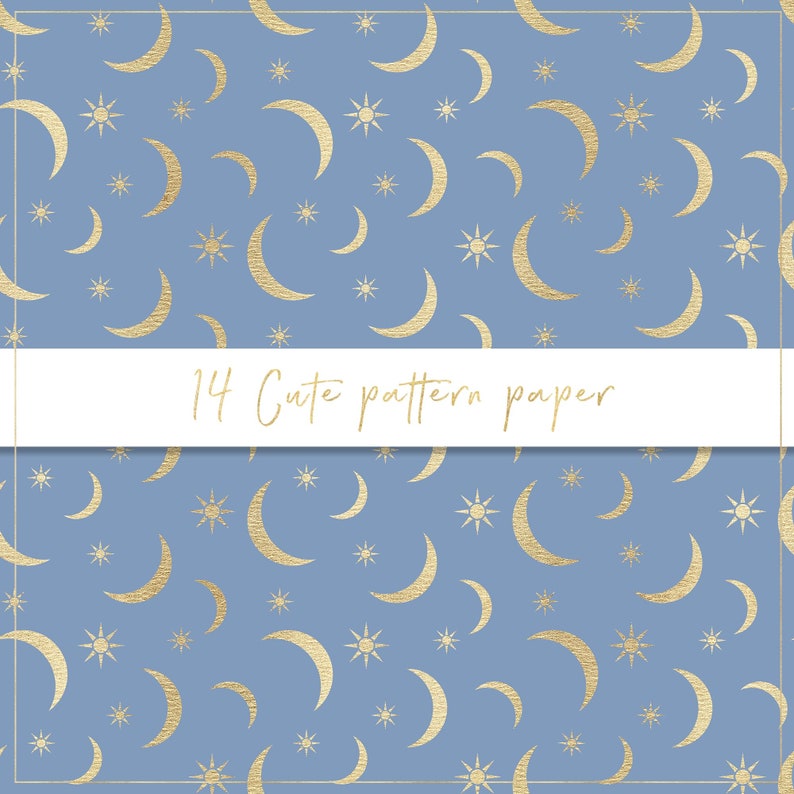 Papier numérique à motif mignon, papier sans couture, coeurs dorés, fond pastel, lune et étoiles dorées, papillons, coeurs métalliques, pois image 7