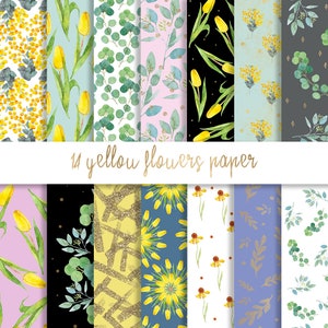 Gelbe Blumen digitales Papier, Tulpen Papier, Aquarellpapier, Blumen Papiere, Blumen digitales Papier, Blumenmuster, Sommer digitales Papier