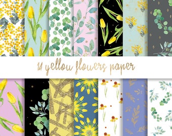 Yellow flowers digital paper, tulip paper, watercolor paper, floral papers, flower digital paper, floral pattern, summer digital paper