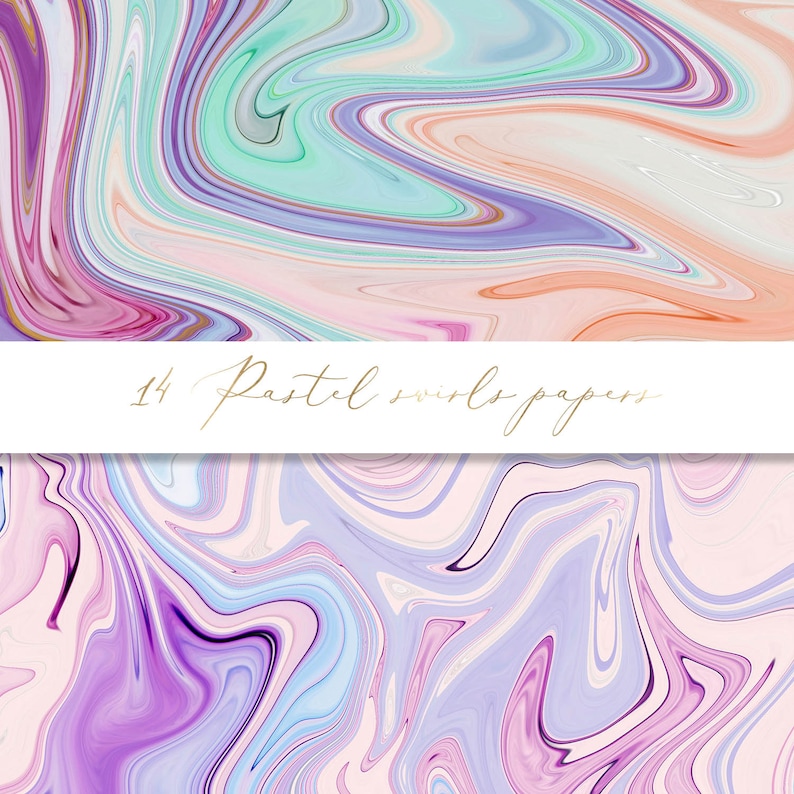 K&ouml;nnte beinhalten: Abstraktes digitales Papier mit wirbelnden Pastellfarben in den Farben Rosa, Lila, Blau und Gr&uuml;n. Der Text "14 Pastel Swirls Papers" befindet sich oben im Bild.