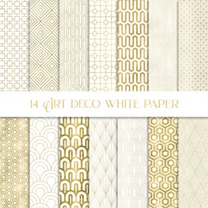 Papier numérique blanc art déco, papier sans couture, papier art déco doré, motif géométrique, papier jazz, papier fête Gatsby, papier doré des années 1920
