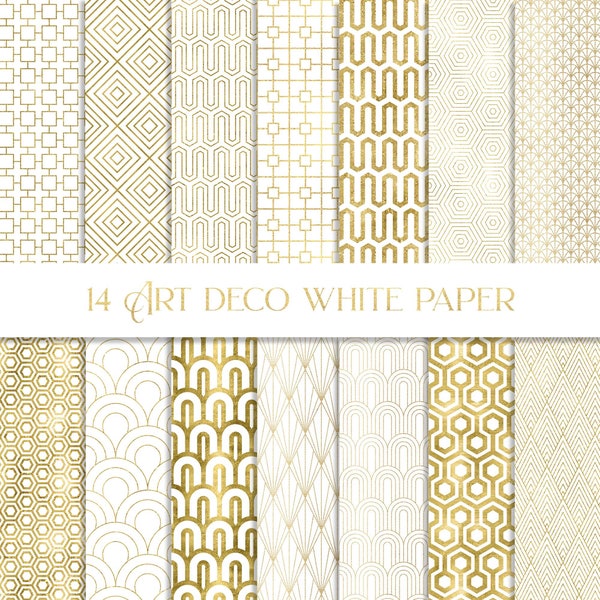 Art deco white digital paper, seamless paper, gold art deco paper, geometric pattern, jazz paper, Gatsby party paper, 1920s gold paper
