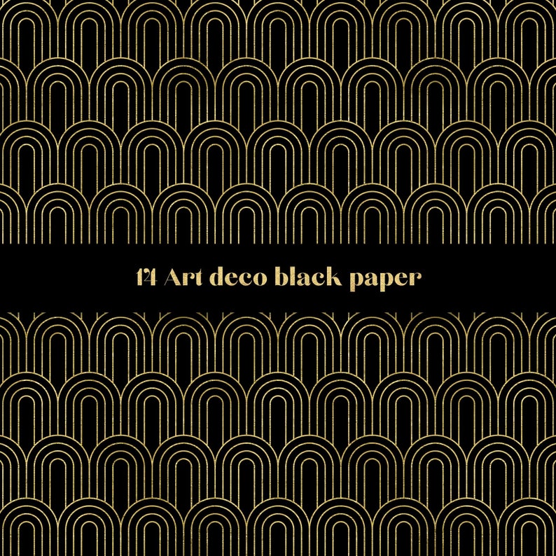May include: Black and gold art deco pattern with the text "f2 Art deco black paper" in the center.