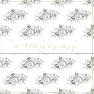 May include: A seamless pattern featuring black and white illustrations of wedding bouquets. The pattern is repeated on a white background. The text "14 Wedding bouquets paper" is displayed in gold lettering.