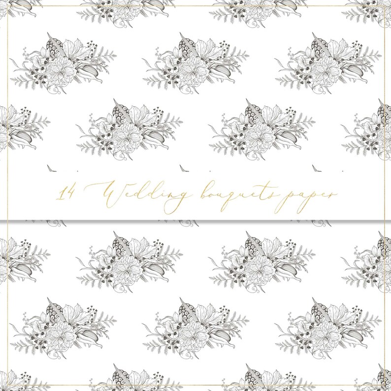 May include: A seamless pattern featuring black and white illustrations of wedding bouquets. The pattern is repeated on a white background. The text "14 Wedding bouquets paper" is displayed in gold lettering.
