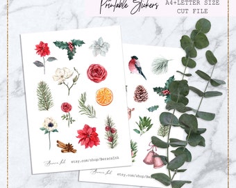 Christmas planner stickers, xmas stickers, deco winter stickers, journaling watercolor Christmas, poinsettia, Erin Condren sticker