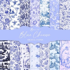 Carta digitale cinese blu, carta da parati chinoiserie, carta ceramica blu, carta toile de jouy, carta per scrapbooking asiatica, carta per matrimonio vintage