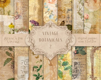 May include: A digital paper pack with 12 vintage botanical illustrations. The paper is beige with a distressed look and features floral designs, handwritten text, and musical notes. The pack is titled "Vintage Botanicals 2" and is 12x12 inches in size.
