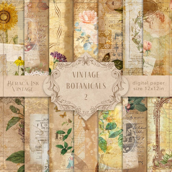 Vintage Botanicals Digital Paper 2, Antique Paper, Ephemera Paper