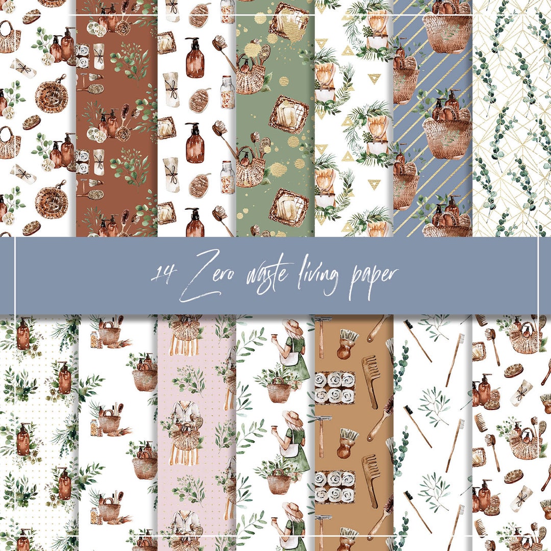 Zero Waste Living Digital Paper, Organic Products, Watercolor Leaves ...