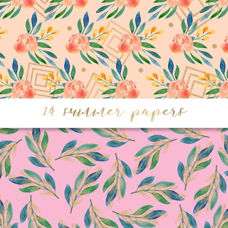 May include: Two seamless patterns featuring watercolor floral designs. The first pattern has pink flowers, green leaves, and gold geometric shapes on a peach background. The second pattern has green leaves with gold accents on a pink background. The text "14 summer papers" is displayed in gold lettering.