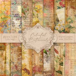 Papel digital con motivos botánicos coloridos, papel efímero, fondo antiguo, cartas antiguas, scrapbooking vintage, diario basura floral, hoja de collage