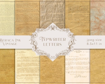 Può includere: Un collage di lettere di macchina da scrivere vintage su carta invecchiata con una cornice ornata marrone e il testo "Beraca Ink Vintage" e "Typewriter Letters". L'immagine è di 8,5x11 pollici.