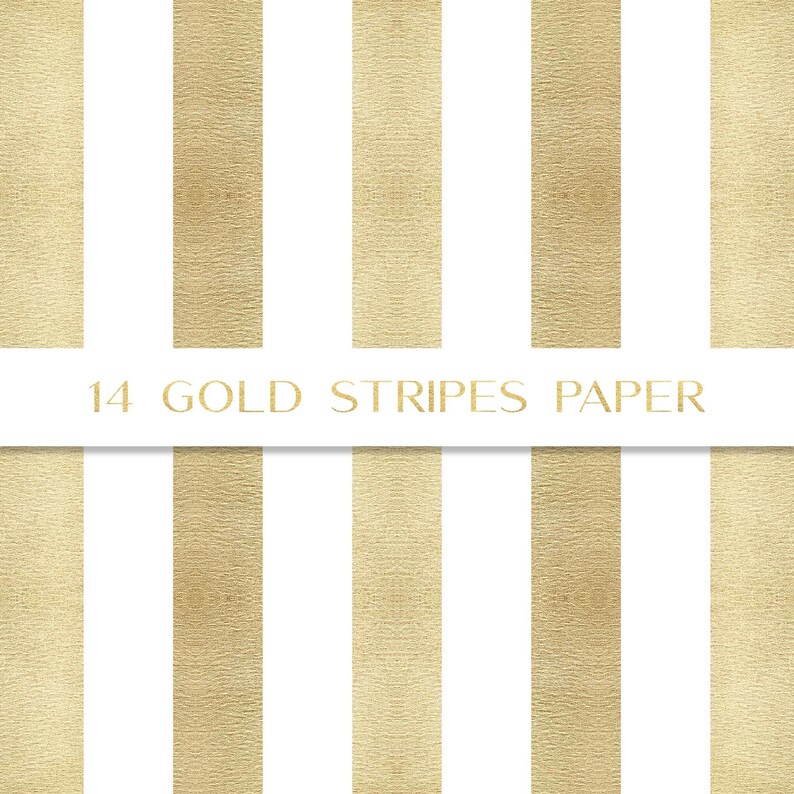 May include: A seamless pattern of 14 gold stripes on a white background. The stripes are a textured gold color and the background is white. The text "14 GOLD STRIPES PAPER" is centered at the top of the image.