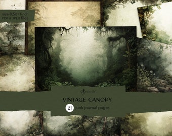 Vintage canopy junk journal, printable dark forest digital journal, jungle collage sheet, vintage trees scrapbook, fern ephemera, ivy pages