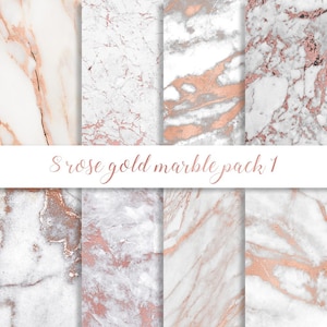May include: A set of eight digital paper backgrounds featuring white marble with rose gold veining. The text "8 rose gold marble pack 1" is displayed on a white banner.