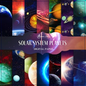 Papel digital con planetas del sistema solar, fondo de galaxia, fondo espacial, planetas cósmicos, papel con cometas, planeta tierra, papel con sol, planeta júpiter