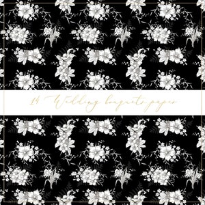 May include: A black and white seamless pattern featuring 14 wedding bouquets with delicate floral designs. The pattern is perfect for creating invitations, stationery, and other wedding-related projects.