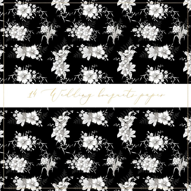 May include: A black and white seamless pattern featuring 14 wedding bouquets with delicate floral designs. The pattern is perfect for creating invitations, stationery, and other wedding-related projects.