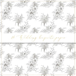 May include: A seamless pattern featuring black and white line drawings of wedding bouquets. The pattern is repeated on a white background. The text "14 Wedding bouquets paper" is displayed in a gold font at the top of the image.