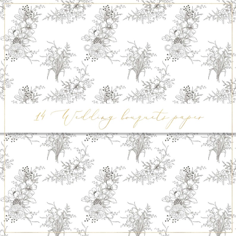 May include: A seamless pattern featuring black and white line drawings of wedding bouquets. The pattern is repeated on a white background. The text "14 Wedding bouquets paper" is displayed in a gold font at the top of the image.
