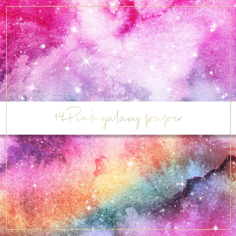 May include: A digital paper pack with 14 watercolor galaxy backgrounds. The backgrounds are pink, purple, blue, and yellow with white stars. The text "14 Pink galaxy paper" is written in gold on a white banner.
