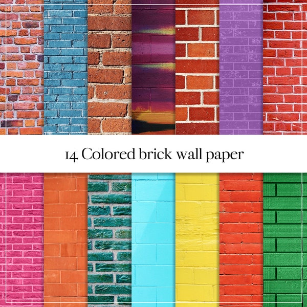 Colored brick wall digital paper, brick background, red brick, rainbow brick, pink brick backdrop, rustic, scrapbook paper, urban wall