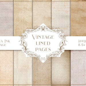 Puede incluir: Conjunto de ocho texturas de papel rayado vintage en tonos beige y marrón. Los papeles tienen diferentes estilos de líneas, incluyendo cuadrícula, regla y papel cuadriculado. La imagen incluye el texto "Vintage Lined Pages" y "Beraca Ink Vintage".
