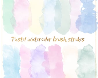 May include: A set of 10 pastel watercolor brush strokes in various shades of blue, green, pink, and purple. The brush strokes are arranged in two rows of five. The text "Pastel watercolor brush strokes" is written in black cursive at the bottom of the image.