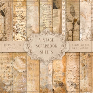 Fogli di scrapbooking vintage, carta digitale, pagine macchiate, vecchi effimeri, carta antica, lettere scritte a mano, fiori botanici, carta da giornale spazzatura