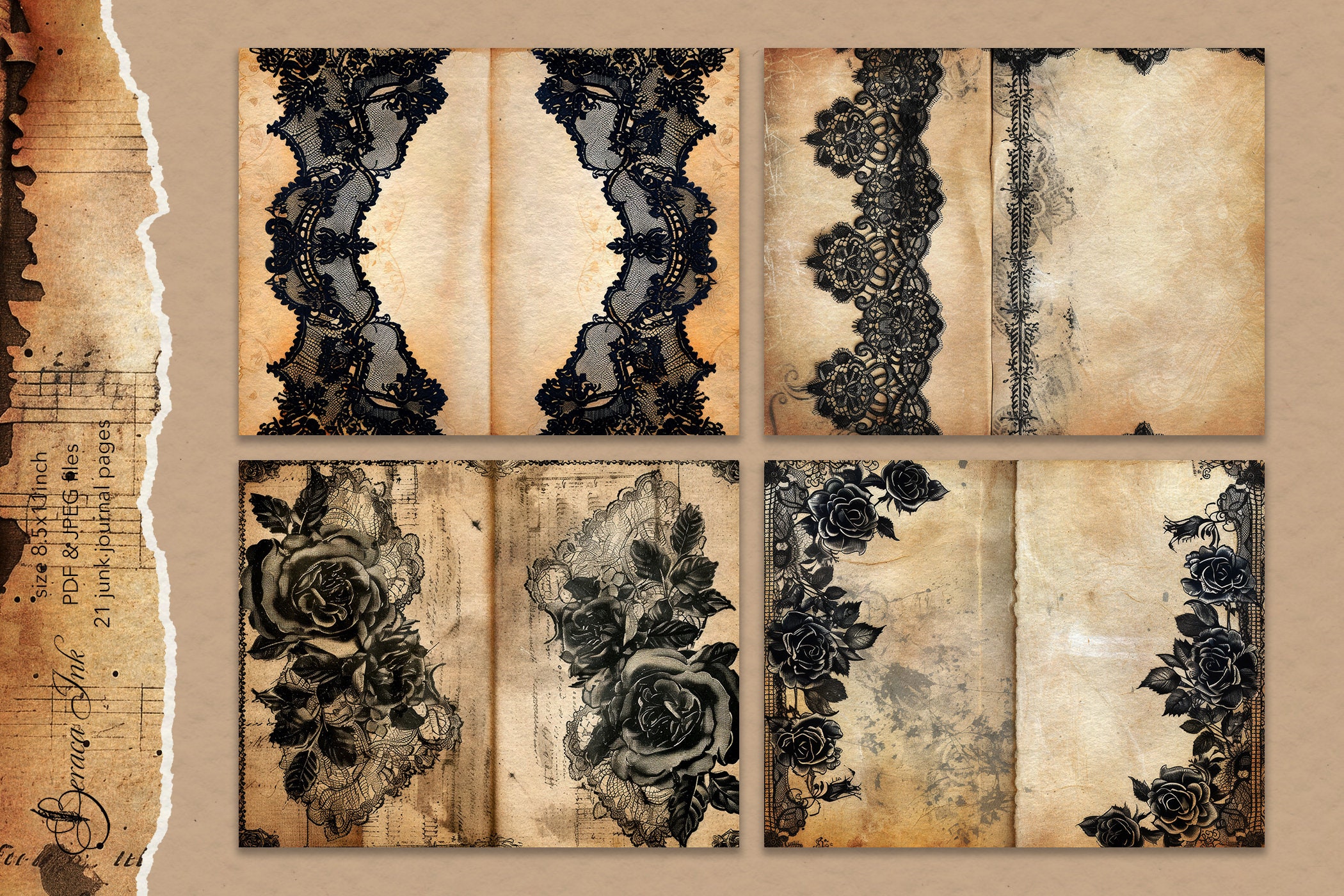 Black Lace Junk Journal, Gothic Victorian Lace Digital Journal, Vintage ...