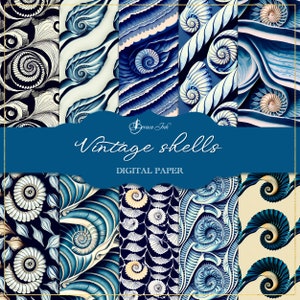 Papel digital de conchas vintage, patrón chinoiserie sin costuras, fondo repetido, papel tapiz de conchas marinas, toile de jouy azul, papel para álbumes de recortes