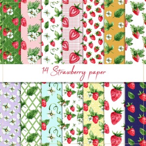 Erdbeere digitales Papier, nahtloses Muster, Erdbeere Hintergrund, Sommer Papier, Blätter Hintergrund, Picknick Papier, Geburtstagseinladung, Obst Papier