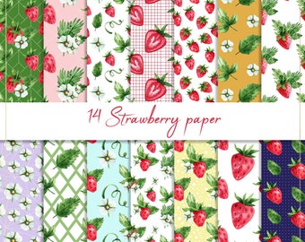 Strawberry digital paper, seamless pattern, strawberry background, summer paper, leaves backdrop, picnic paper, birthday invite, fruit paper