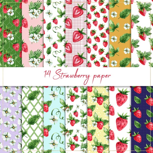 Strawberry digital paper, seamless pattern, strawberry background, summer paper, leaves backdrop, picnic paper, birthday invite, fruit paper