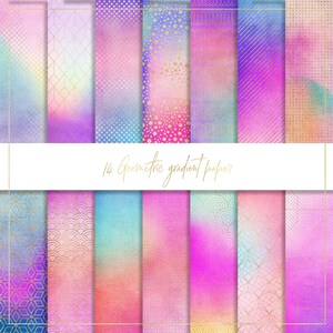 Könnte beinhalten: Ein Set mit 14 digitalen Papieren mit geometrischen Mustern in Gold auf einem Farbverlaufshintergrund in Pink, Blau und Lila. Der Text "14 Geometric gradient paper" befindet sich oben im Bild.