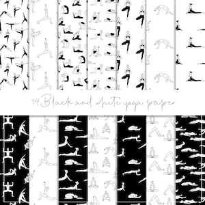 Schwarz-weißes Yoga digitales Papier, Yoga Muster, Fitness Hintergrund, Meditation Tapete, Zen Papier, Übung, Wellness, ganzheitlich