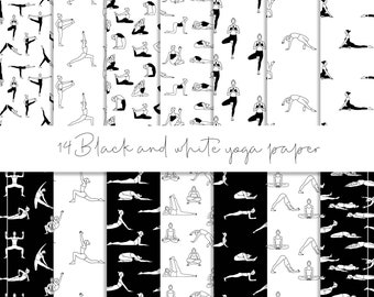 Black and white yoga digital paper, yoga seamless pattern, fitness background, meditation wallpaper, zen paper, exercise, wellness, holistic