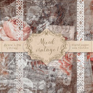 May include: A digital paper background with a vintage aesthetic. The paper features a mix of textures, including lace, handwriting, and floral patterns. The text "Mixed vintage 1" is displayed in a decorative frame. The paper is 12x12 inches.