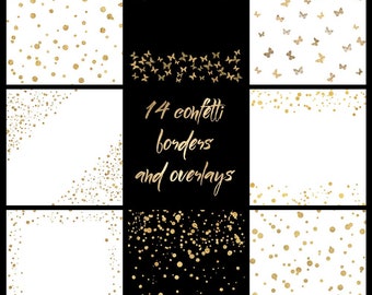 Gold confetti borders, Glitter confetti clipart, gold confetti overlay, digital confetti, gold foil confetti, gold polka dot