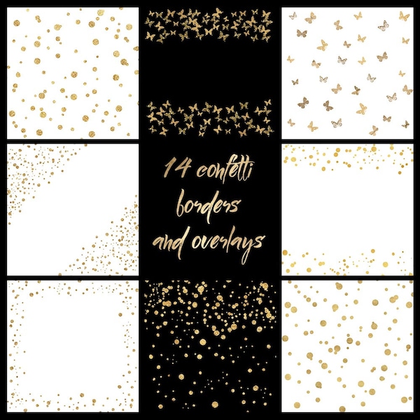 Gold confetti borders, Glitter confetti clipart, gold confetti overlay, digital confetti, gold foil confetti, gold polka dot