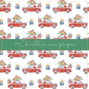 Pu&ograve; includere: Motivo ripetuto di auto d'epoca rosse cariche di regali di Natale, sacchi di regali e regali confezionati in blu e oro. Il testo "14 Christmas cars paper" &egrave; visualizzato su uno striscione verde al centro dell'immagine.