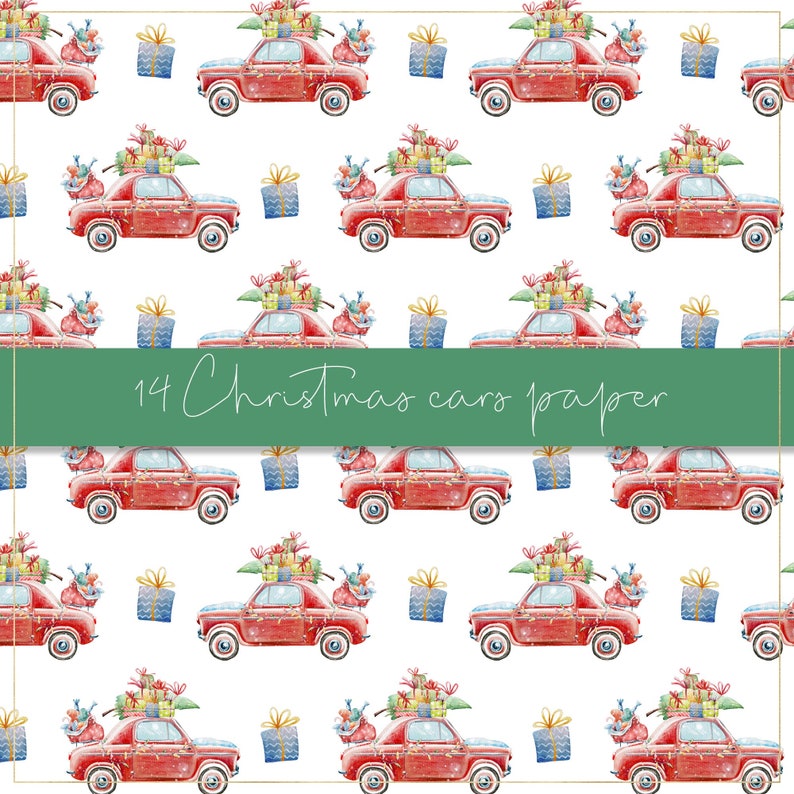 Pu&ograve; includere: Motivo ripetuto di auto d'epoca rosse cariche di regali di Natale, sacchi di regali e regali confezionati in blu e oro. Il testo "14 Christmas cars paper" &egrave; visualizzato su uno striscione verde al centro dell'immagine.