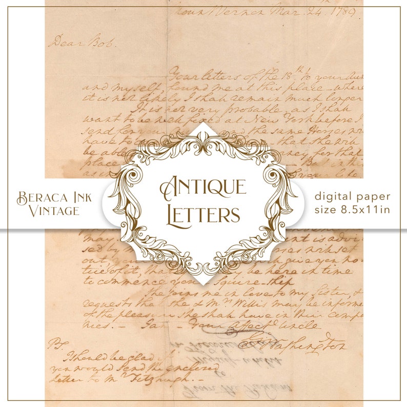 May include: Antique letter paper with a decorative border and the text "Antique Letters" in a white rectangle. The paper is a light brown color and has a vintage look. The text "Beraca Ink Vintage" is in the bottom left corner and "digital paper size 8.5x11in" is in the bottom right corner.
