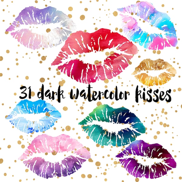 Dark Watercolor lips clipart, Watercolor Clipart lips, Pink lips clipart, Gold Watercolor lips clip art, Blue lips clipart, Red lips