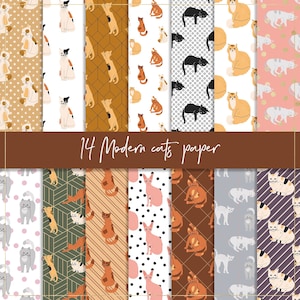 Könnte beinhalten: Ein Set mit 14 digitalen Papierdesigns mit modernen Katzen in verschiedenen Posen und Mustern. Die Papiere beinhalten geometrische Muster, Punkte, Streifen und mehr. Die Farben sind eine Mischung aus warmen und kalten Tönen, darunter Braun, Orange, Pink, Blau und Grün.